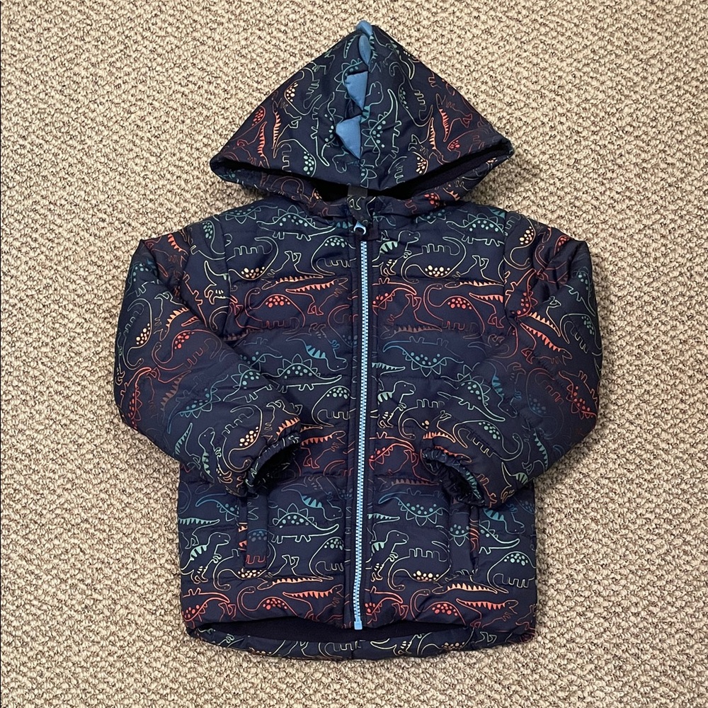 Little Me Kids Puffer Jacket - Navy with Dinosaur Print